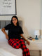Women summer pajama set Black Tee + Red X Black Checkered Pants
